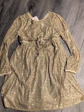 Francesca's Collections Girls Gold Sequin Long Sleeve Dress with Tie Waist